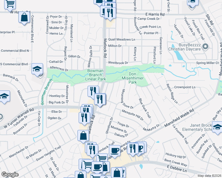 map of restaurants, bars, coffee shops, grocery stores, and more near 7908 Nighthawk Trail in Arlington