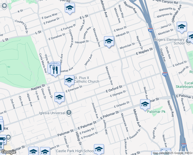 map of restaurants, bars, coffee shops, grocery stores, and more near 151 Theresa Way in Chula Vista
