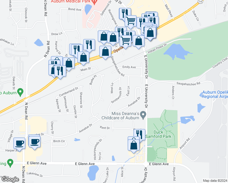 map of restaurants, bars, coffee shops, grocery stores, and more near 624 West Lane in Auburn