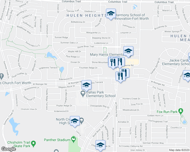map of restaurants, bars, coffee shops, grocery stores, and more near 4509 Shady Hollow Drive in Fort Worth