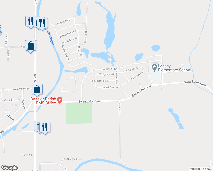 map of restaurants, bars, coffee shops, grocery stores, and more near 2125 Sweet Bay Circle in Bossier City