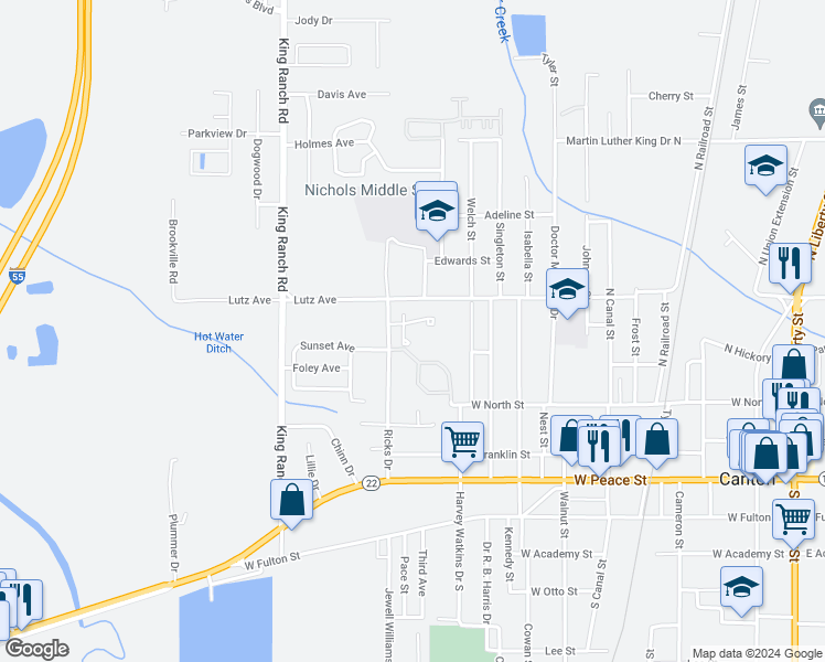 map of restaurants, bars, coffee shops, grocery stores, and more near 390 Ricks Drive in Canton