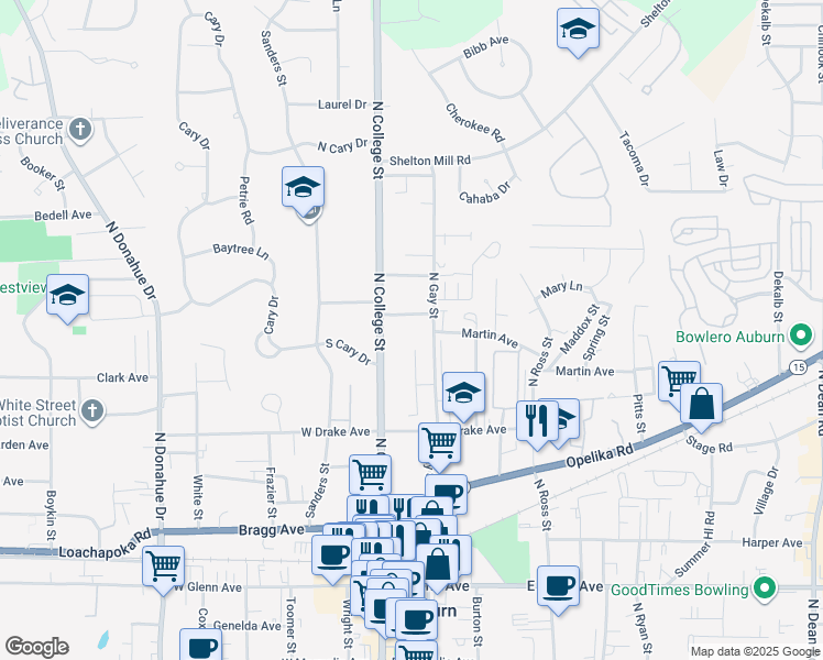 map of restaurants, bars, coffee shops, grocery stores, and more near 601 North Gay Street in Auburn