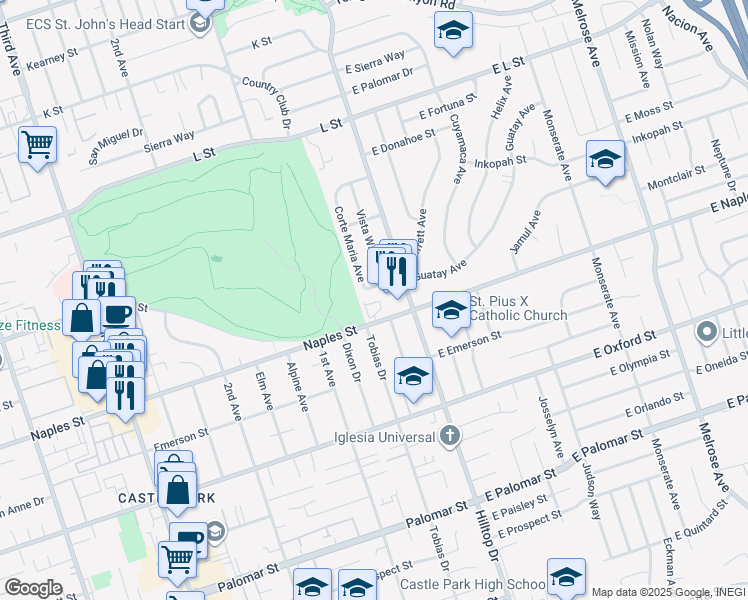 map of restaurants, bars, coffee shops, grocery stores, and more near 62 Country Club Circle in Chula Vista