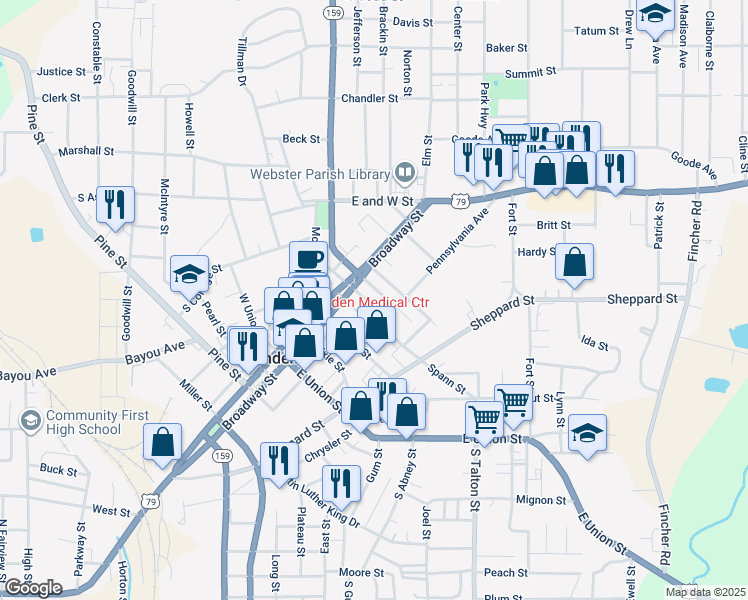 map of restaurants, bars, coffee shops, grocery stores, and more near 113 3rd Street in Minden