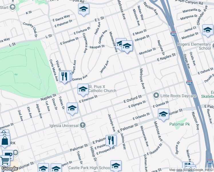 map of restaurants, bars, coffee shops, grocery stores, and more near 151 Theresa Way in Chula Vista