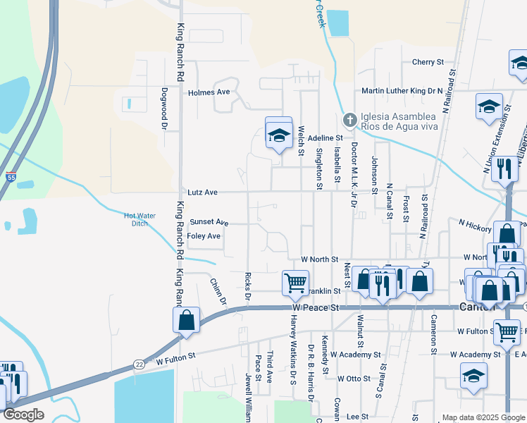 map of restaurants, bars, coffee shops, grocery stores, and more near 390 Ricks Drive in Canton