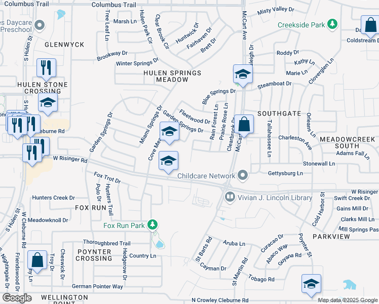 map of restaurants, bars, coffee shops, grocery stores, and more near 8601 Cotton Creek Lane in Fort Worth