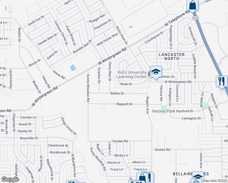 map of restaurants, bars, coffee shops, grocery stores, and more near 2512 Gerry Way Street in Lancaster