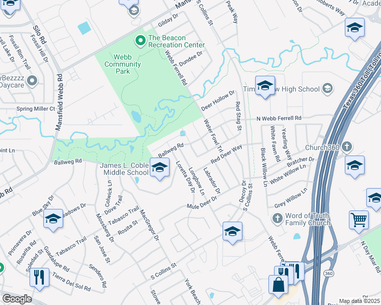 map of restaurants, bars, coffee shops, grocery stores, and more near 7520 San Gabriel Drive in Arlington