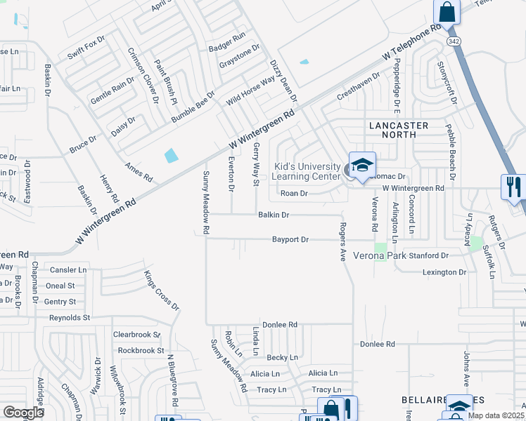 map of restaurants, bars, coffee shops, grocery stores, and more near 2512 Gerry Way Street in Lancaster