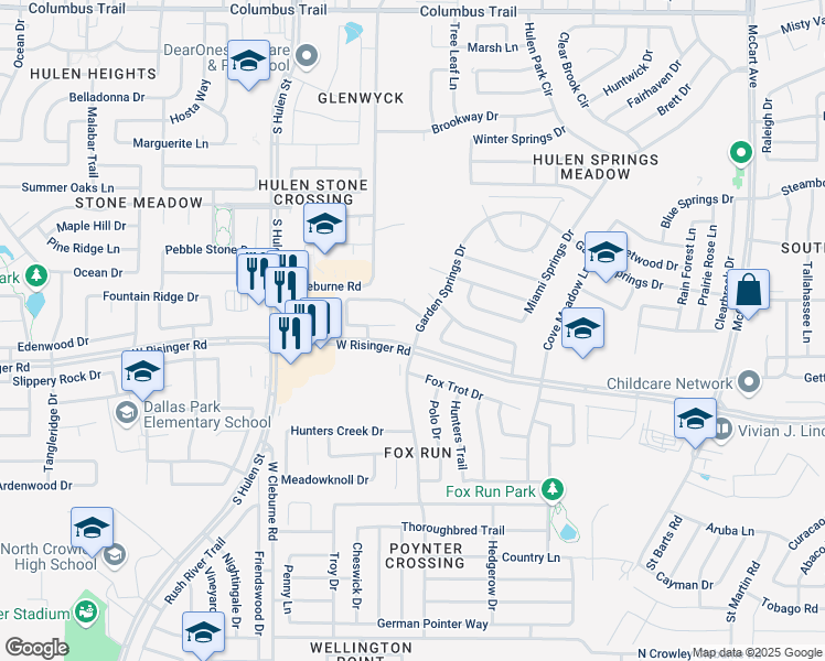 map of restaurants, bars, coffee shops, grocery stores, and more near 8620 Garden Springs Drive in Fort Worth