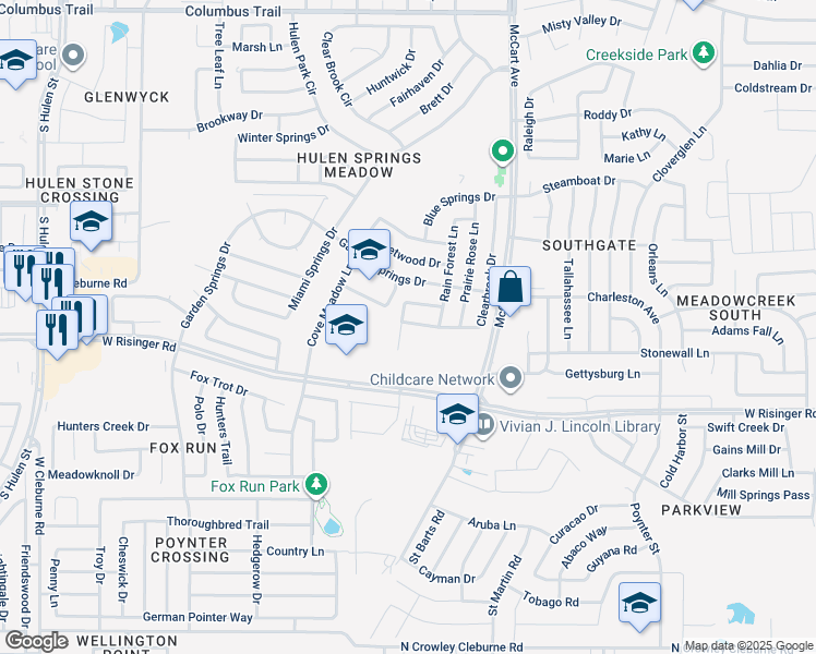 map of restaurants, bars, coffee shops, grocery stores, and more near 8601 Cotton Creek Ln in Fort Worth