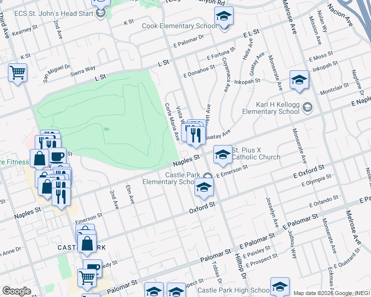 map of restaurants, bars, coffee shops, grocery stores, and more near 58 Country Club Circle in Chula Vista