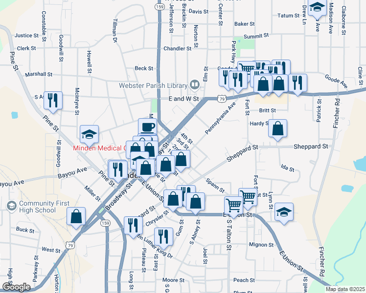 map of restaurants, bars, coffee shops, grocery stores, and more near 113 3rd Street in Minden