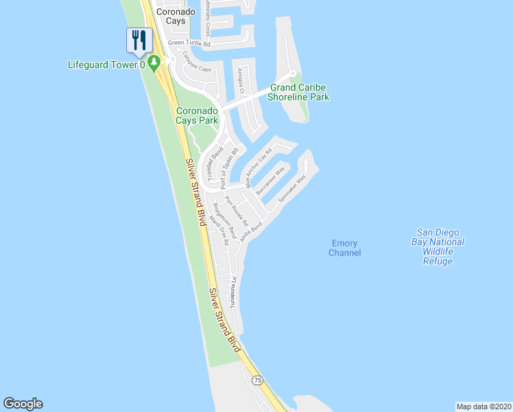 map of restaurants, bars, coffee shops, grocery stores, and more near 33 Saint Christophers Lane in Coronado