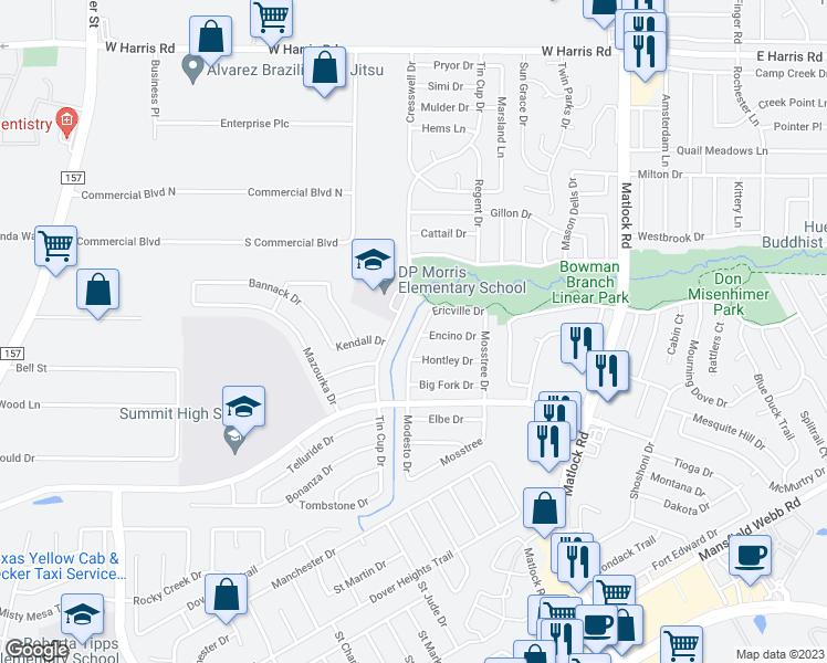 map of restaurants, bars, coffee shops, grocery stores, and more near 7912 Modesto Drive in Arlington