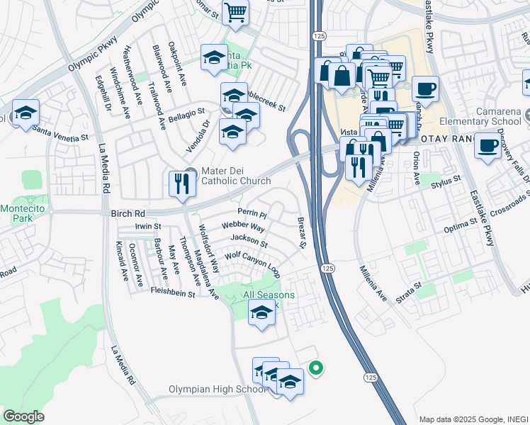 map of restaurants, bars, coffee shops, grocery stores, and more near 1797 Perrin Place in Chula Vista