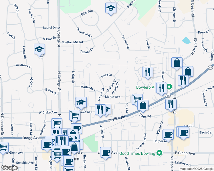 map of restaurants, bars, coffee shops, grocery stores, and more near 644 North Ross Street in Auburn