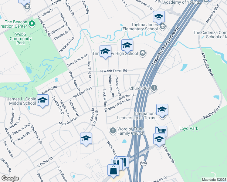 map of restaurants, bars, coffee shops, grocery stores, and more near 7705 White Fawn Rd in Arlington