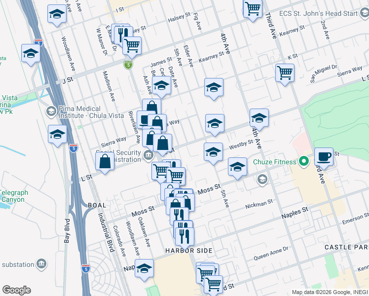 map of restaurants, bars, coffee shops, grocery stores, and more near 550 L Street in Chula Vista