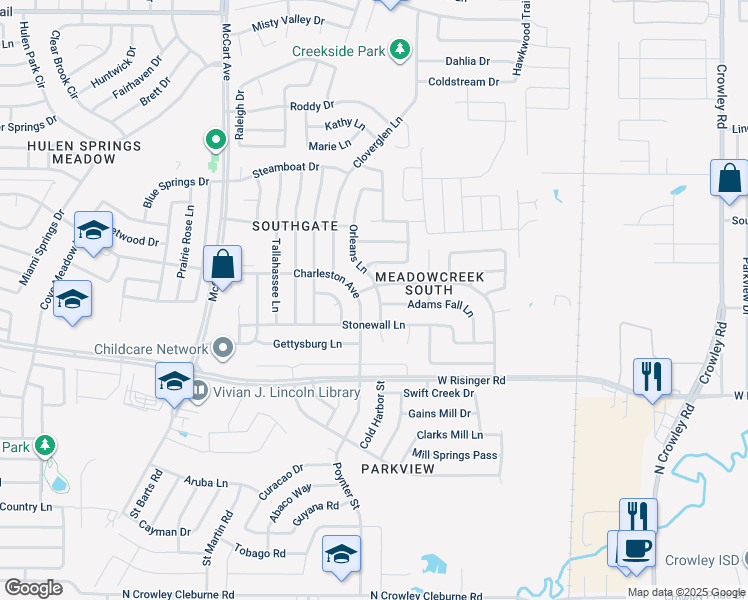 map of restaurants, bars, coffee shops, grocery stores, and more near 8528 Orleans Lane in Fort Worth