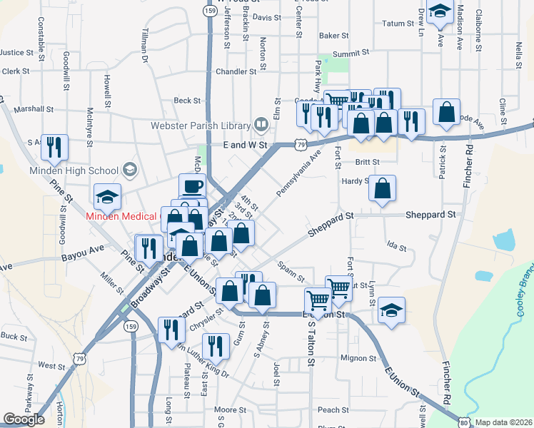 map of restaurants, bars, coffee shops, grocery stores, and more near 410 Pennsylvania Avenue in Minden