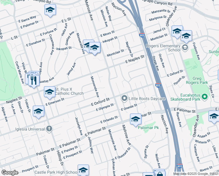 map of restaurants, bars, coffee shops, grocery stores, and more near 1166 Melrose Avenue in Chula Vista