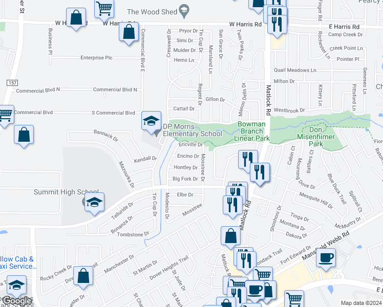 map of restaurants, bars, coffee shops, grocery stores, and more near 809 Encino Drive in Arlington