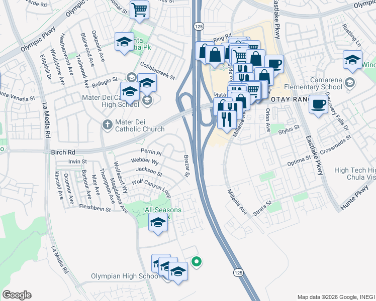 map of restaurants, bars, coffee shops, grocery stores, and more near South Bay Expressway in Chula Vista