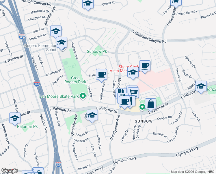 map of restaurants, bars, coffee shops, grocery stores, and more near 630 Harlan Court in Chula Vista