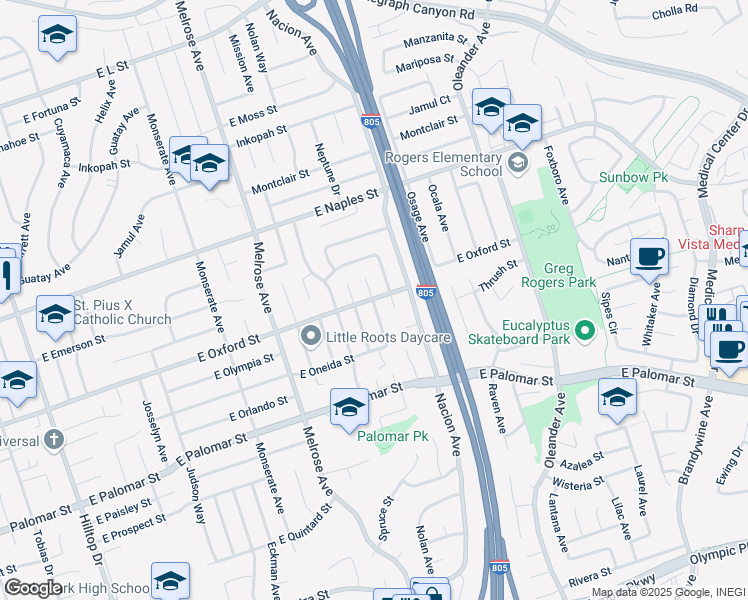 map of restaurants, bars, coffee shops, grocery stores, and more near 1202 Neptune Drive in Chula Vista
