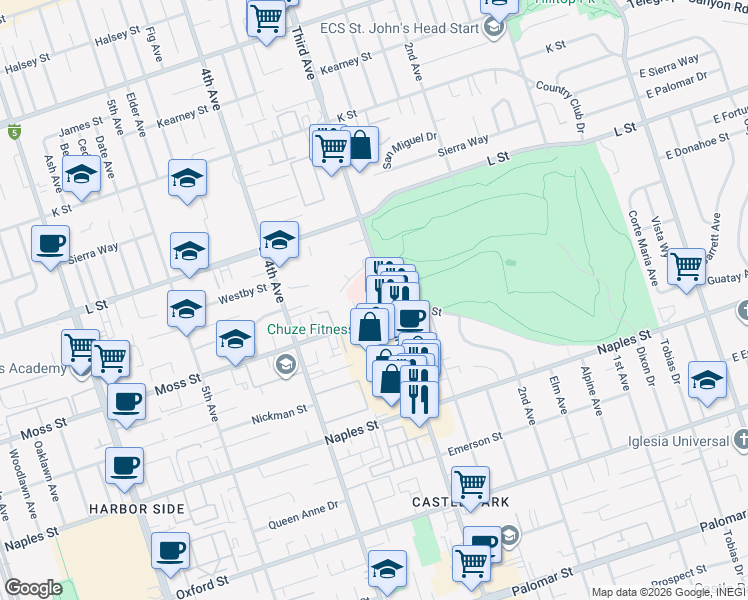 map of restaurants, bars, coffee shops, grocery stores, and more near 960 Third Avenue in Chula Vista