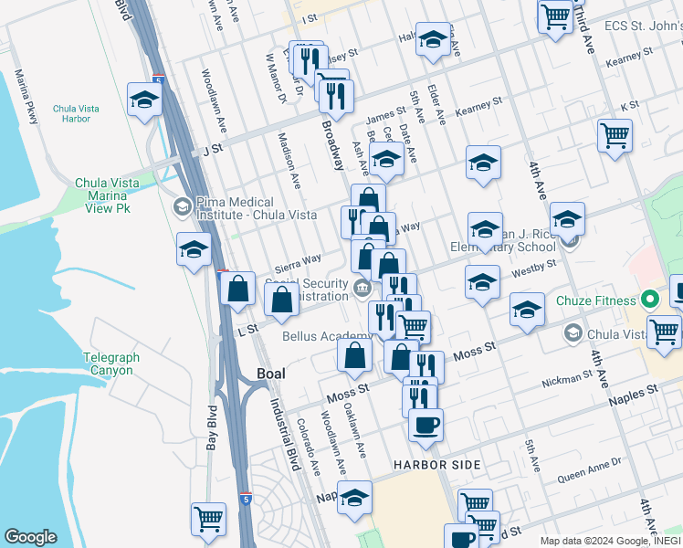 map of restaurants, bars, coffee shops, grocery stores, and more near 869 Riverlawn Avenue in Chula Vista