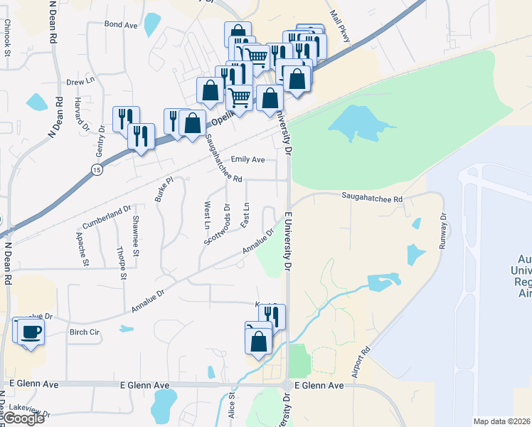 map of restaurants, bars, coffee shops, grocery stores, and more near 634 Kalypso Circle in Auburn