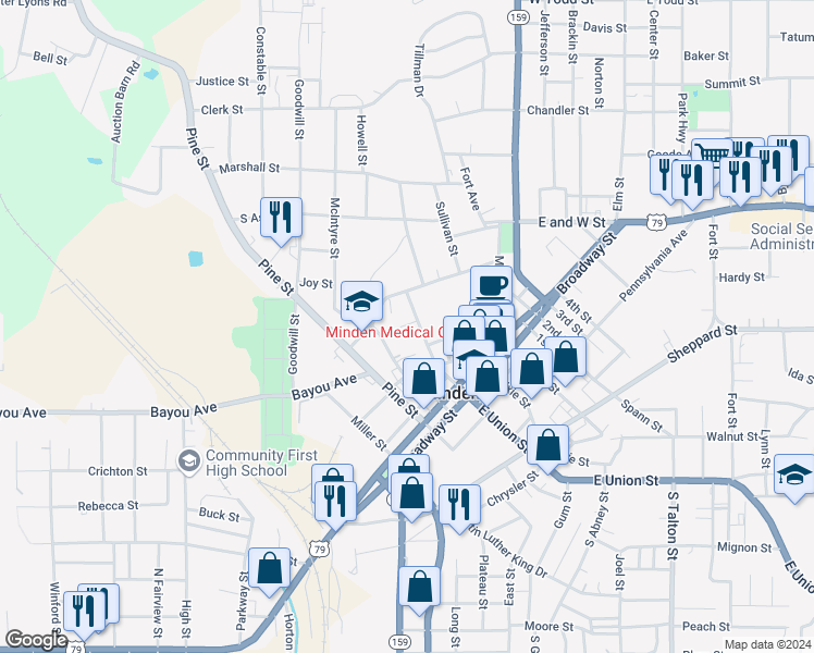 map of restaurants, bars, coffee shops, grocery stores, and more near 220 West Union Street in Minden