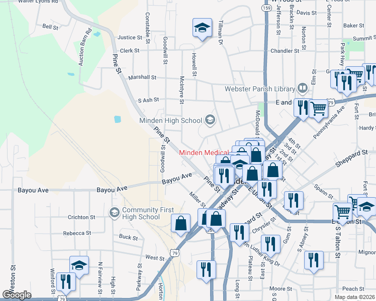 map of restaurants, bars, coffee shops, grocery stores, and more near 309 McIntyre Street in Minden