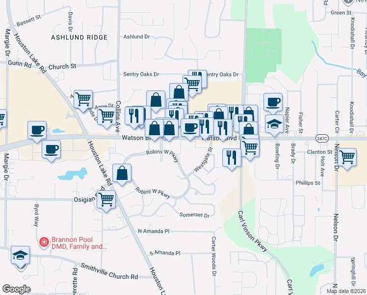 map of restaurants, bars, coffee shops, grocery stores, and more near 2731 Watson Boulevard in Warner Robins