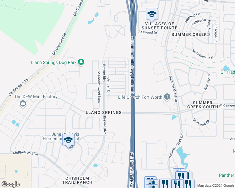 map of restaurants, bars, coffee shops, grocery stores, and more near 5832 Dew Plant Way in Fort Worth
