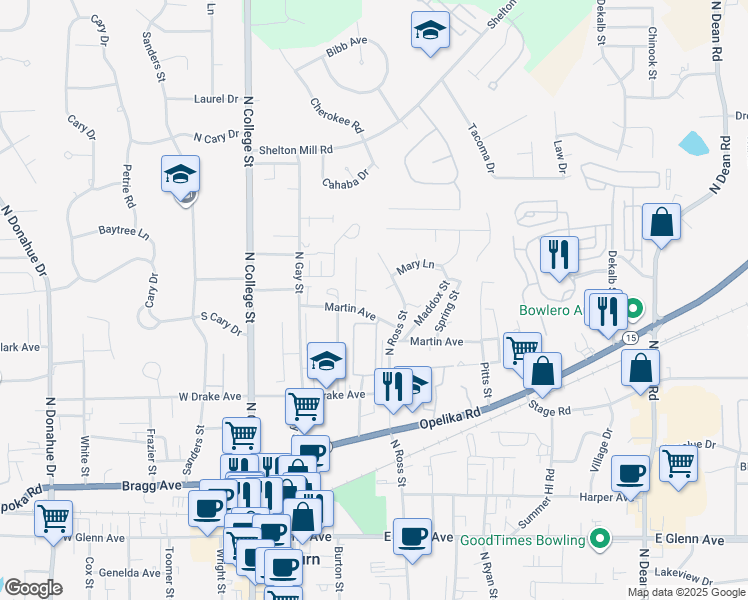 map of restaurants, bars, coffee shops, grocery stores, and more near 643 North Ross Street in Auburn