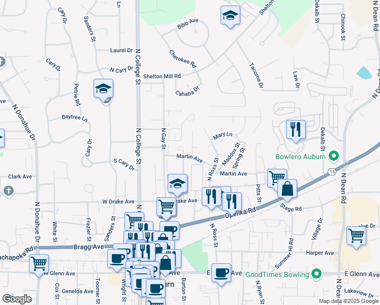 map of restaurants, bars, coffee shops, grocery stores, and more near 623 Center Place in Auburn