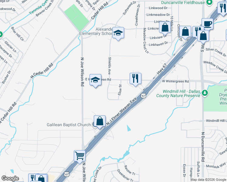 map of restaurants, bars, coffee shops, grocery stores, and more near 1015 Grover Court in Cedar Hill