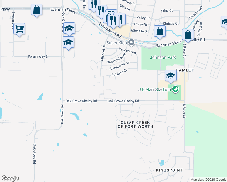 map of restaurants, bars, coffee shops, grocery stores, and more near 9348 Cynthia Court in Fort Worth