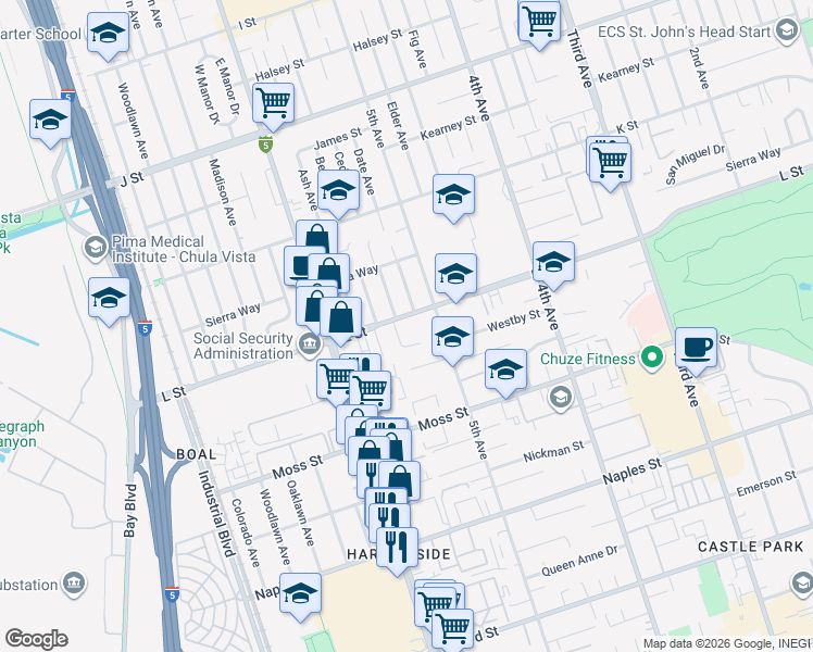 map of restaurants, bars, coffee shops, grocery stores, and more near 540 L Street in Chula Vista