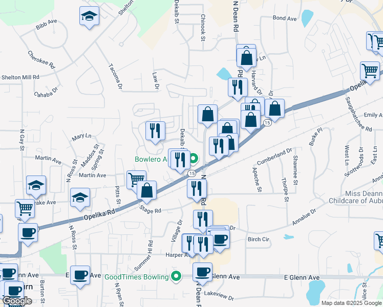 map of restaurants, bars, coffee shops, grocery stores, and more near 555 North Dean Road in Auburn