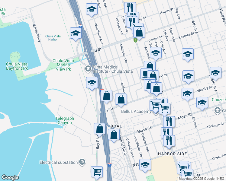map of restaurants, bars, coffee shops, grocery stores, and more near 843 Colorado Avenue in Chula Vista