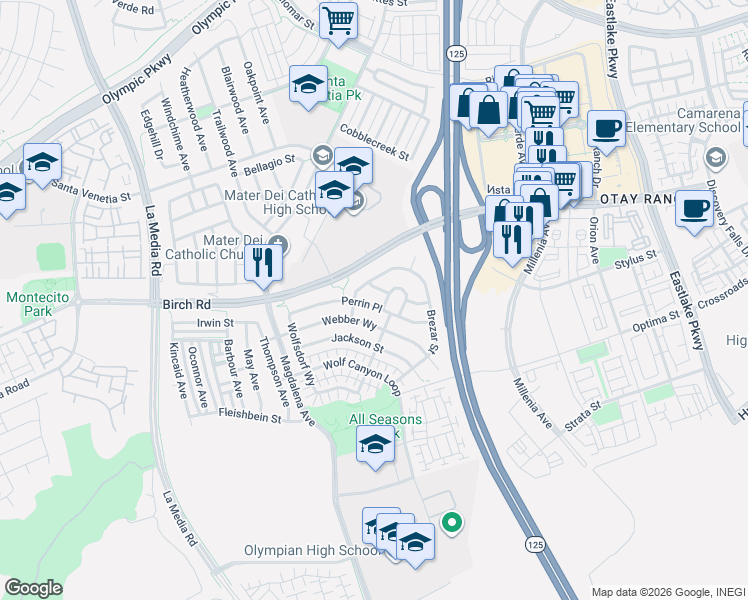 map of restaurants, bars, coffee shops, grocery stores, and more near 1789 Perrin Place in Chula Vista