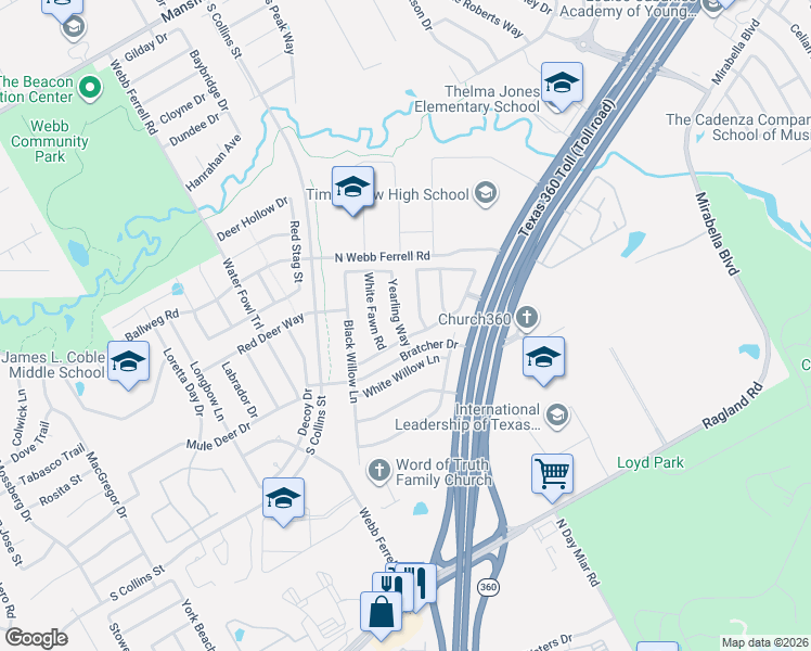 map of restaurants, bars, coffee shops, grocery stores, and more near 7708 Fallen Antler Place in Arlington