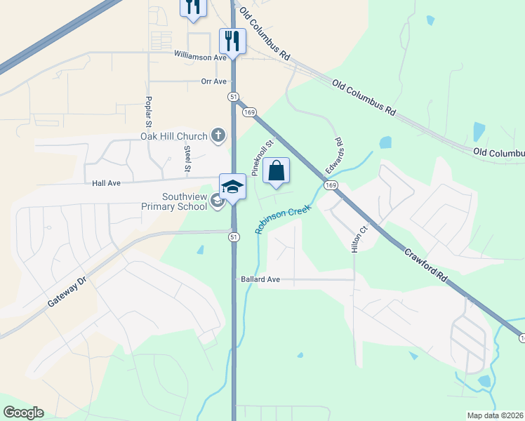 map of restaurants, bars, coffee shops, grocery stores, and more near 2805 Pineknoll Street in Opelika