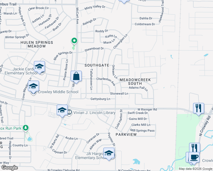 map of restaurants, bars, coffee shops, grocery stores, and more near 8520 Delta Way Court in Fort Worth
